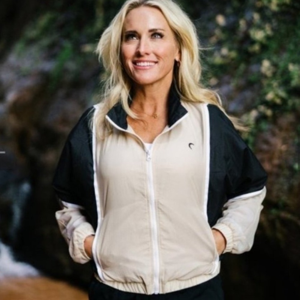 ZYIA Bomber Windbreaker Colorblock Black Tan Zip Up Jacket - SZ XL NWT